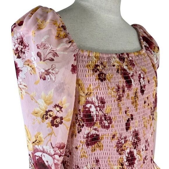 Express Pink Floral Smocked Puff Sleeve Blouse Womens Medium NWT Boho Girlcore - Picture 3 of 9